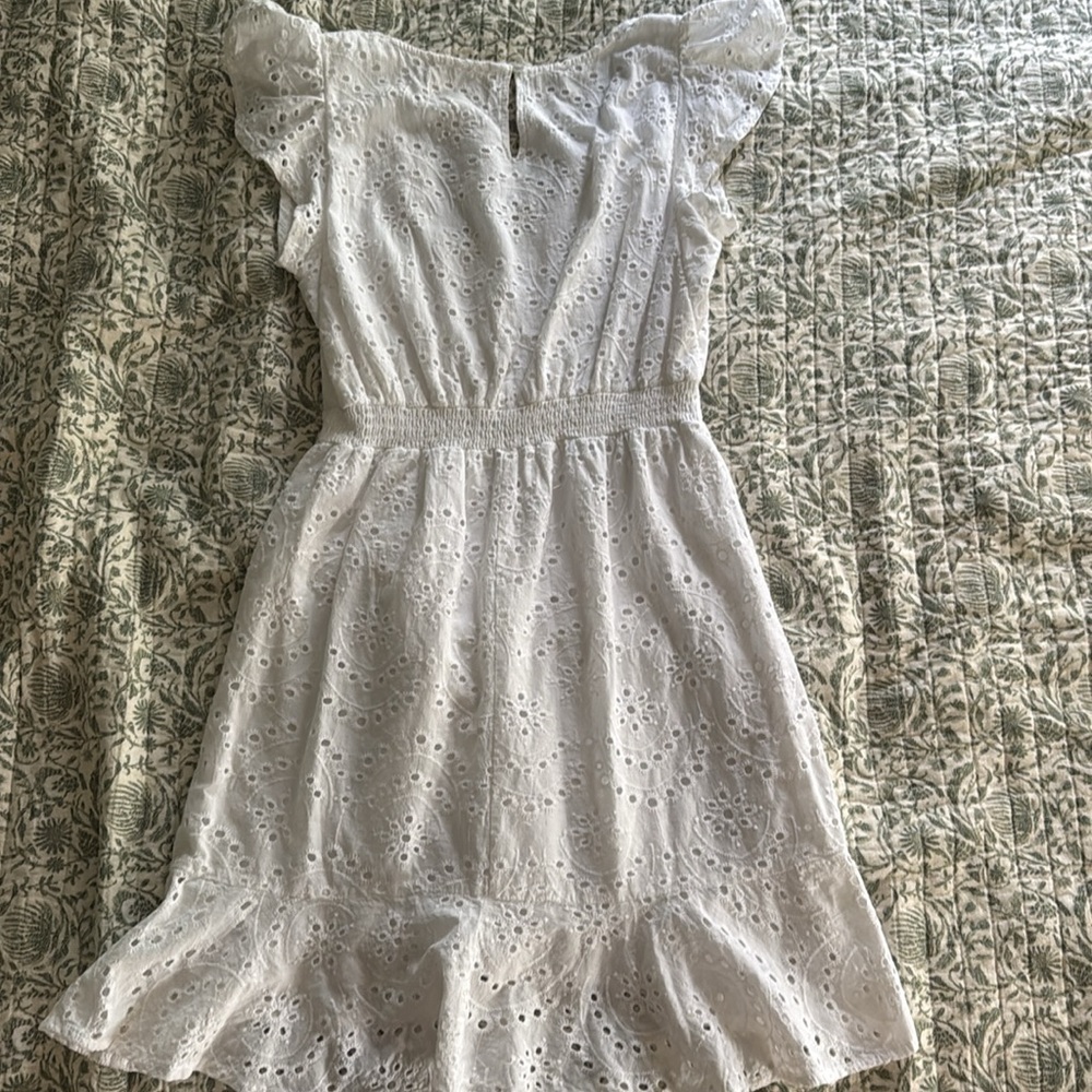 White Flutter Sleeve Wrap Eyelet Dress - Picture 4 of 4